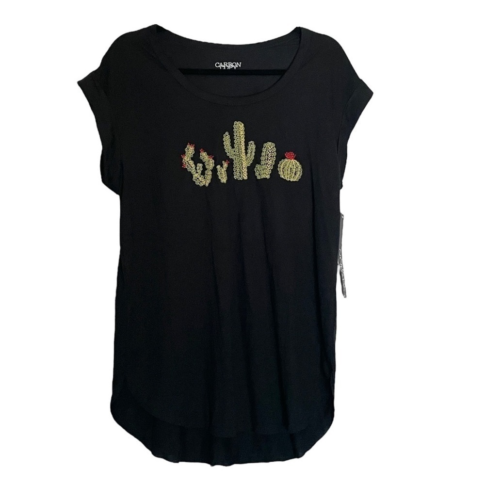 🌺 Carbon Copy Black Embroidered Cactus Shirt Sleeve Tee Size M NWT